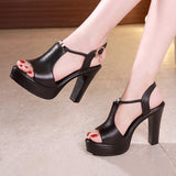 Heel Sandals Women's 2023 Summer New Thick-Soled Waterproof Platform Korean Version Of Fashionable Leather Large-Size Fish Mouth High-Heeled