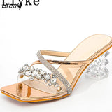 2023 New Fashion Chic Clear Transparent Heels Slippers Women Mules Slides Shoes Summer Square Toe Crystal Chain