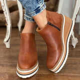 Women Short Boots Round Toe High Top Platform Wedges Retro Booties Soft Leather Zipper Comfortable Ankle Boots for