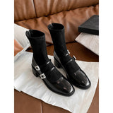 Breakj Thin Boots Women Thick And Short Boots High With French Water Drill Retro Mary Treasure Socks