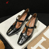 Mary Janes Shoes Women 2024 Spring Pumps Square Toe Chunky Heel Leather Shoes Women Classics Elegant Mid-heel High
