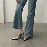 Breakj Summer Pointed Belt Buckle And Half-Slipper Female Bag Head Silver Back High And Lady Cold