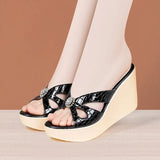 Slope Heel Slippers Women Summer 2024 Muffin Thick Soles Wear One-Word Flip-Flops Large Size Slippers Wear Fashionable Lacquered Leather