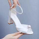 Breakj Cm Fish Mouth High-Heeled Sandals Shallow Pearl Large-Size Round-Head High Heels Bride Wedding Silk Satin Cloth Coarse