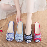 Breakj Round Head Embroidered Cloth Shoes Beef Tendon Bottom Flat Bottom Soft Bottom Canvas Slippers Female Ethnic Wind Blue And White