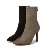 And Winter New Martin Boots Women Korean Version Black Pointed Back Zipper Ankle Boots Thin Heel High Heel Suede Fashion Boots