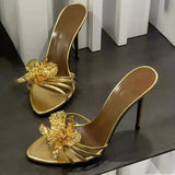 Breakj New Slippers Spring And Summer Golden Flowers Dotted With Female High Heels Sexy Fine Strip High Heel Slippers Women