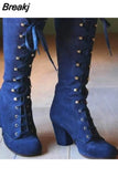 Black Boots Women Shoes Knee High Women Casual Vintage Retro Mid-Calf Boots Lace Up Thick Heels