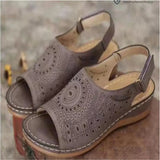 Breakj Summer New Large-Size Slope Heel Sandals Women Hollow Flat Heded Toe Buckle With Retro Hole