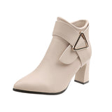 Breakj Women's Boots Korean Version Of Autumn And Winter New Pointed Short Barrel Metal Leather Buckle Decorative Side Zipper Coarse And Large Size Female Short