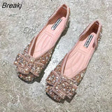 New Women Ballet Flats Comfortable Crystal Diamond Dress Bow Sequins Single Shoes Rhinestone Glitter Square Toe