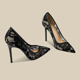 Breakj Yarn High-Heeled Women 2025 New Summer Niche Temperament Black Lace Fine Tip Single Shoes