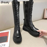 Boots 2023 Female High Platform Gothic Shoes Black Leather Boots Lace Up Women Knee High Boots Simple Autumn Winter