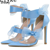 Elegant Satin Bowknot Blue Womens Sandals Summer Pointed Open Toe Thin High Heels Ankle Strap Transparent Shoes