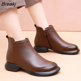 2023 Autumn Winter Women Boots Genuine Leather Flat Heel Side Zipper Soft Soled Retro Style Casual Mother Short