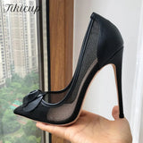 Black Matter Flower Decor Women Gauze Pointy Toe High Heel Party Shoes Elegant Ladies Summer Slip On Stiletto