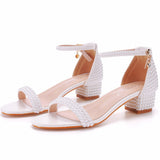 Breakj Cm Thick Heeled Shallow Word With Sandals Round Head Square Thick Heel Sandals White Pearl Sandals Wedding