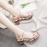 Women's Ladies Strawberry Printed Beach Party Shoes Summer Open Toe Low Heel Slip-on Crystal Slippers Sandals