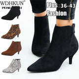 Suede Ankle Boot Mid Stiletto Heel Side Zip Pointed Toe Party Work Outdoor Shoe Fine Heel Leopard Print