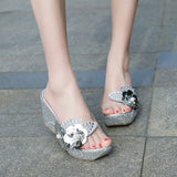 Breakj Women's Korean Version Of Fashion Casual High-Heeled Shoes With Transparent Flowers Water Drilled Outside Wearing A Word