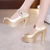 Wedding Dress Shoes With Thick Heels Model Cheongsam Show Waterproof Platform Thick Soles Single Shoes Catwalk One-Word Buckle Small Size High Heels