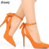 Women's Pumps Pointed Toe Bowknot 11cm Thin Heels Sexy Ankle Strap High Women Shoes Female Wedding