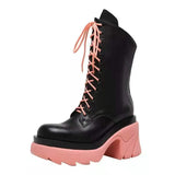 2021 New Genuine Boots Lace Up Platform Square High Heels Thick Sole Office Dress Shoes Woman Mid Calf Botas De