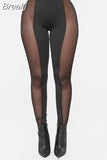 Black Mesh Patchwork Skinny Pants Women High Waist Perspective Solid Legging Pant Sexy Transparent Stretch Tight