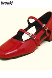 Size 34-39 Women Pumps Genuine Leather Rome Buckle Strap High Heels Shoes For Women Red Chunky Heel Goth Ladies