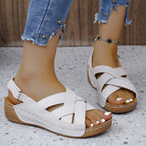 Breakj New Summer Women's Slope Sandals Thick Sole Buckle With Fish Mouth Sandals Pure-Colored Slope Heel