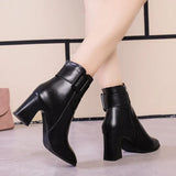 Ankle Buckle Decoration White Black Thick High Heel Ankle Boots Women 2023 Pointed Toe Keep Warm Elegant Short