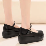 Breakj Skin Round Head Heel Slope And Shallow Mouth Single Shoes Waterproof Table Casual Leather Shoes Buckle With Loose Cake Thick-Soled Shoes Women