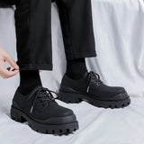 Breakj Men's Casual Platform Versatile Black Leather Shoes Heighten Derby Shoes Frosted Black