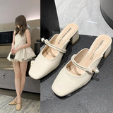 Semi-Slippers Women Wear 2024 Summer New Korean Version Of Square Head Thick Heels Muller High Heels