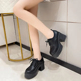 Leather Women Pumps Platform Square Heel Lace Up Oxford Women Party Role Play Uniform Dress Shoes Fashion High Heels