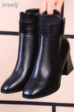 Ankle Buckle Decoration White Black Thick High Heel Ankle Boots Women 2023 Pointed Toe Keep Warm Elegant Short