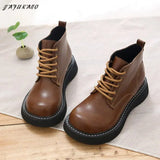 Girl Retro British Small Leather Boots Wide-Head Womens Ankle Boots Handmade Warm Big-Head Short Boots Student Women