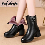 Winter Boots Women Furry Heels Warm Black Leather Boots Mid-calf Square Heel Zipper Boots Snow Botas