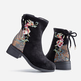 Breakj New Women's Boots Suede Cotton Boots And Velvet Inside The Middle Heel Ankle Boots To Keep Warm Fashion National Style Embroidered Cloth