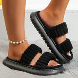Women's Indoor Furry Thick Sole Slippers Fashion Fluffy Double Strap Home Slippers Women 2023 Winter Open Toe Platform