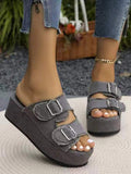 Breakj New Large-Size Lame And Denim Belt Buckle A Pedal Cool Slippers For Women To Wear Thick Bottom