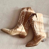 Cowboy Boot for Women In Autumn 2023 New Embroidered V-mouth Cavalry Boots Square Head Mid Sleeve Boots for