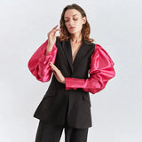 Patchwork Hit Color Women's Blazers Puff Long Sleeve Notched Ruched Female Suits 2022 Spring Fashion Style