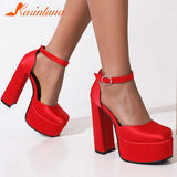 Chunky Heeled Satin Ankle Strap Pumps 2023 Spring Summer High Heel Wedding Shoes Walking Comfy Women Sandal Big Size