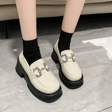 Breakj Bottom Mary Jane Small Leather Shoes Female 2023 New British Wind Pine Platform Bottom Metal Rhinestone Chain Loafer Single