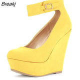 Women Shoes Flock Buckle Bowtie Ankle Strap High Heels Sexy 14cm Platform Wedges Female Pumps Red Wedding