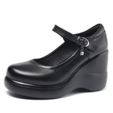 Breakj Head 8CM High-Slope And Waterproof Table Single Shoe Round Head Buckle Loose Cake Thick-Soled Mother Shoes Flat Bottom Shallow Women's