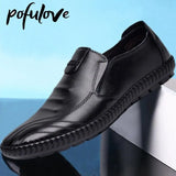 Men's Peas Shoes Slip-On Casual Comfort Soft Sole Driving Shoes Black Leather