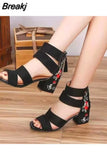 for Women 2023 New Ankle-Wrap Women's Sandals Summer Black Embroidered Mid-heel Sandals Elegant Open Toe Square Heel