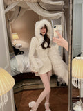 Winter Elegant Bodycon Y2k Mini Dress Woman Hooded Pure Color Short Party Dress Casual Long Sleeve Knitted Dress Korea